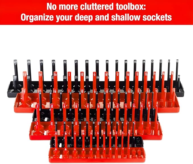 6PCS Socket Organizer Tray Set, Red SAE & Black Metric Socket Storage Trays, 1/4-Inch, 3/8-Inch & 1/2-Inch Drive Deep and Shallow Socket Holders for Toolboxes