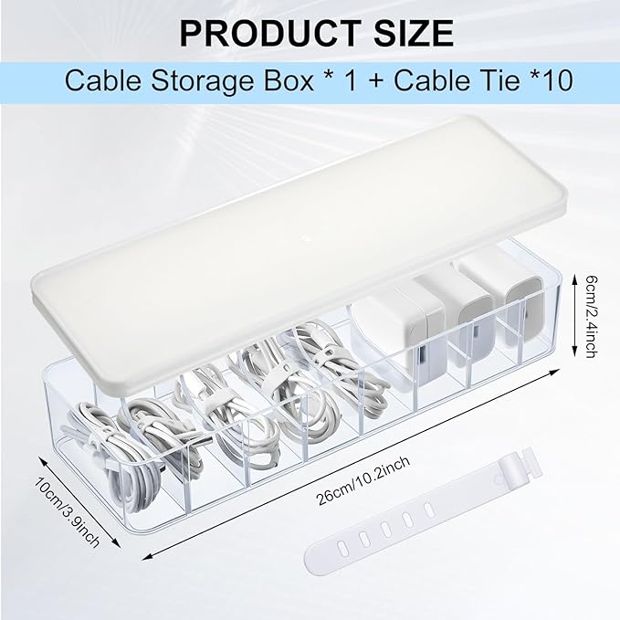 Tatuo 1 Pcs Cable Organizer Box with Wire Ties, Plastic Cord Storage Box with Lid, Electronics Organizer for Home Office Desk Organizers and Accessories (Clear,White)