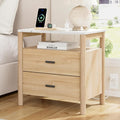 Night Stand with Charging Station, 24" Large Modern Nightstand with Faux Marble Top, 2 Drawers End Table with Solid Round Post Legs & Open Shelf, for Bedroom, Natural Oak