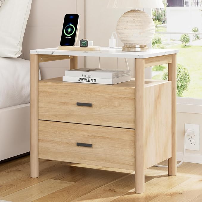 Night Stand with Charging Station, 24" Large Modern Nightstand with Faux Marble Top, 2 Drawers End Table with Solid Round Post Legs & Open Shelf, for Bedroom, Natural Oak