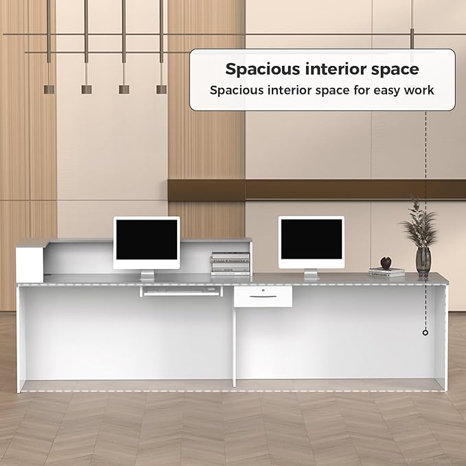 L Shape Reception Desk with Counter, Lockable Drawer, Keyboard Tray, and Double-Layer Storage for Salon, Office, or Clinic(White+Gray/Left, 63" L*24" W*39" H)