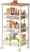Hoctieon Rolling Storage Cart, 4-Tier Wide Panel Rolling Kitchen Storage Cart, Utility Cart with Handle & Wheels, Mobile Shelving Unit, Metal Frame Narrow Cart for Home Kitchen, Laundry, Oak Beige