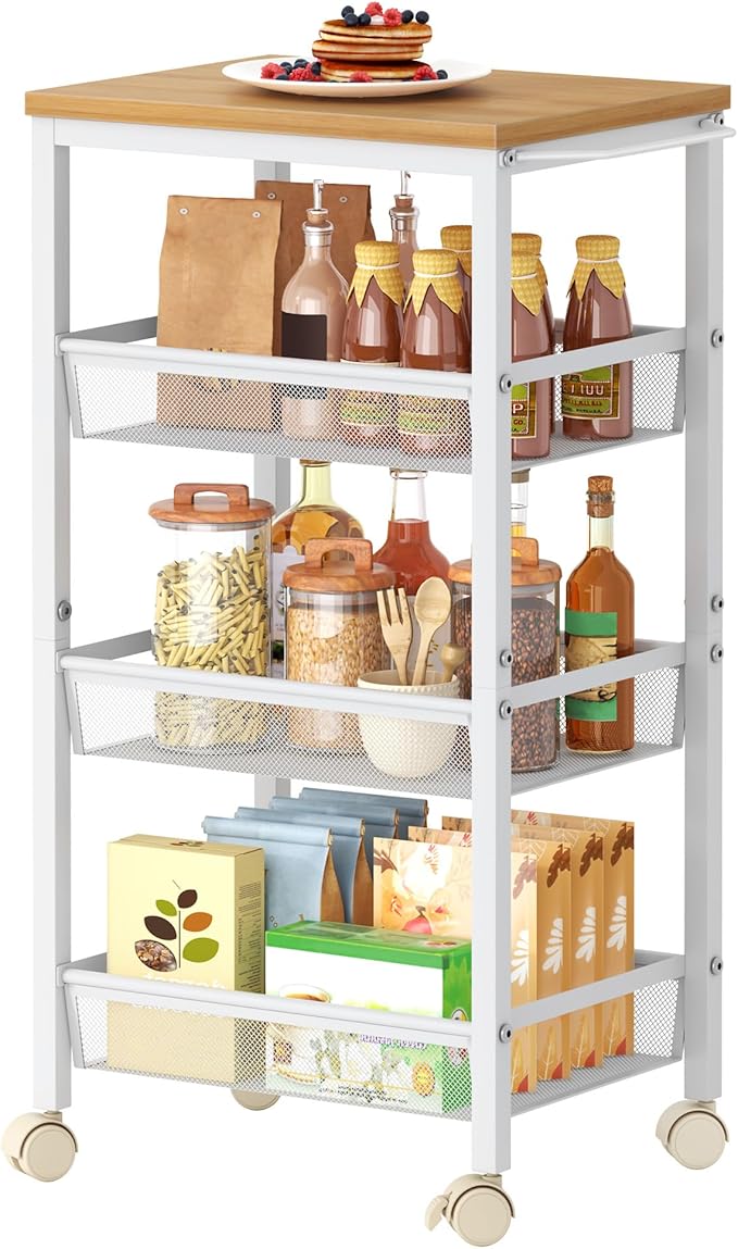 Hoctieon Rolling Storage Cart, 4-Tier Wide Panel Rolling Kitchen Storage Cart, Utility Cart with Handle & Wheels, Mobile Shelving Unit, Metal Frame Narrow Cart for Home Kitchen, Laundry, Oak Beige