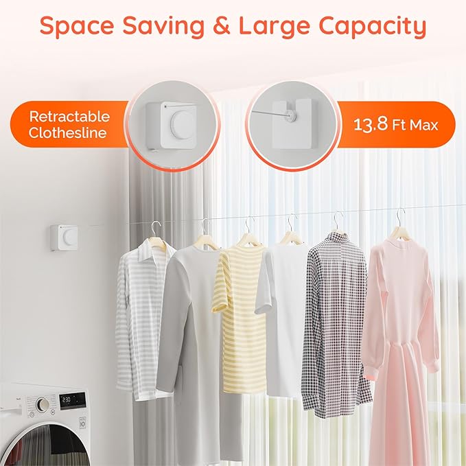 Retractable Clothesline Indoor, Non-Sagging Outdoors Clothesline Retracting, Heavy Duty Retractable Clothes Drying Laundry Line, Wall Mounted Stainless Steel Line - 13.8 Ft (White)