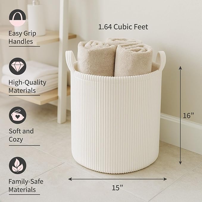 PUTSKA Blanket Basket – Round Storage for Toys and Blankets, Clothes, Stuffed Animals – Soft Baby Girl Basket for Nursery, Kids Room, Bedroom, Living Room – Large, Cream