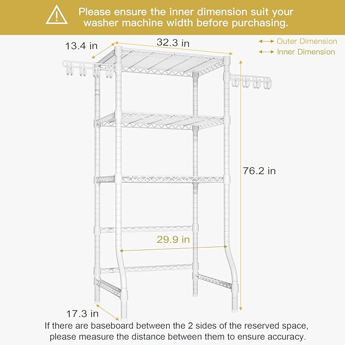 Ulif U8 Medium Laundry Room Storage Organizer, Over the Washer and Dryer Storage Shelves for Laundry Organization, 32.3”W x 17.3”D x 76.2”H, Suit Washing Machine Width within 29.9”, Hold 304 lb, White