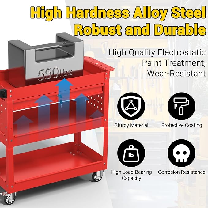 3 Tier Rolling Tool Cart on Wheels, 550 LBS Tool Cart with Drawers，Heavy Duty Utility Cart with Pegboard and Hook，Mechanic Tool Storage Cart for Garage, Warehouse and Repair Shop(Red)