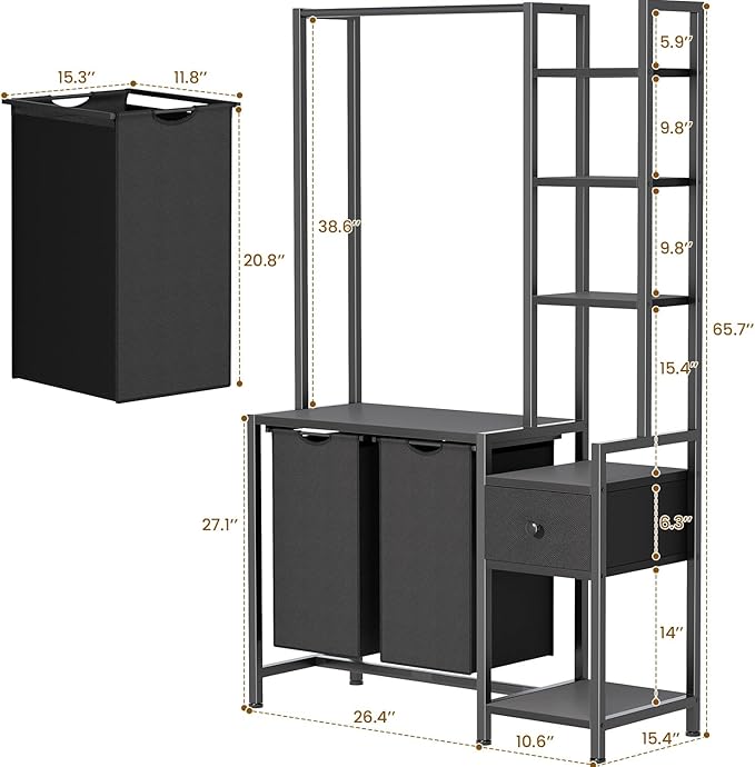 Laundry Hamper with Shelf, 5 Tiers Tall Laundry Basket Sorter with 2 Pull-Out and Removable Bags, Clothes Rack with Laundry Sorter for Laundry Room Bathroom Bedroom, Black