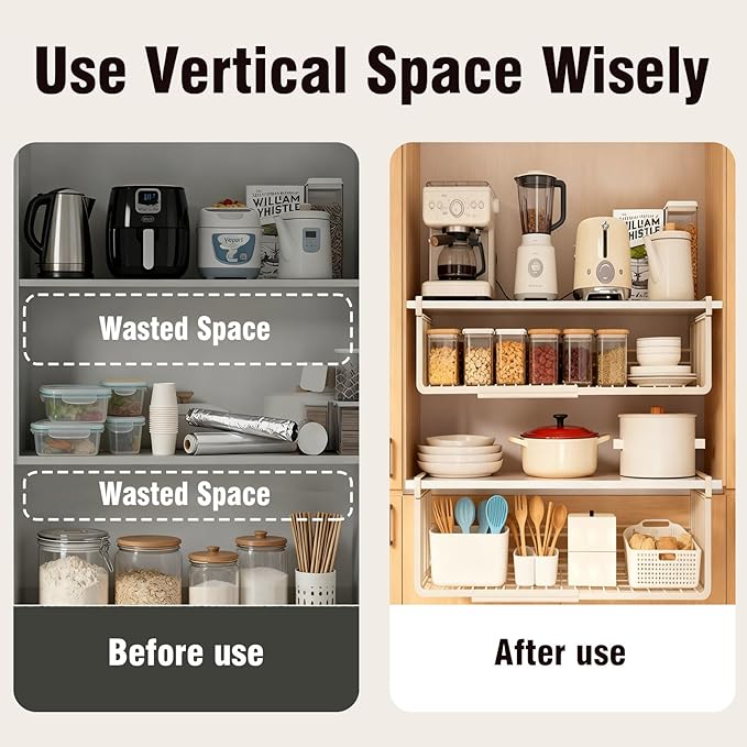 JIABEIUS 2 Pack Under Shelf Storage Basket, Extendable Under Cabinet Organizer, Pantry Organizers and Storage Hanging Rack for Kitchen Laundry Room Desk Counter Bookshelf