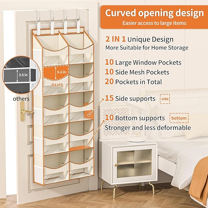 Aokeyee Over the Door Storage Organizer - 5 Tiers Behind Door Storage with 10 Compartments & 10 Mesh Pockets, 80lb Capacity Door Hanging Organizer for Closet, Bedroom, Bathroom, Pantry, Nursery, Toys