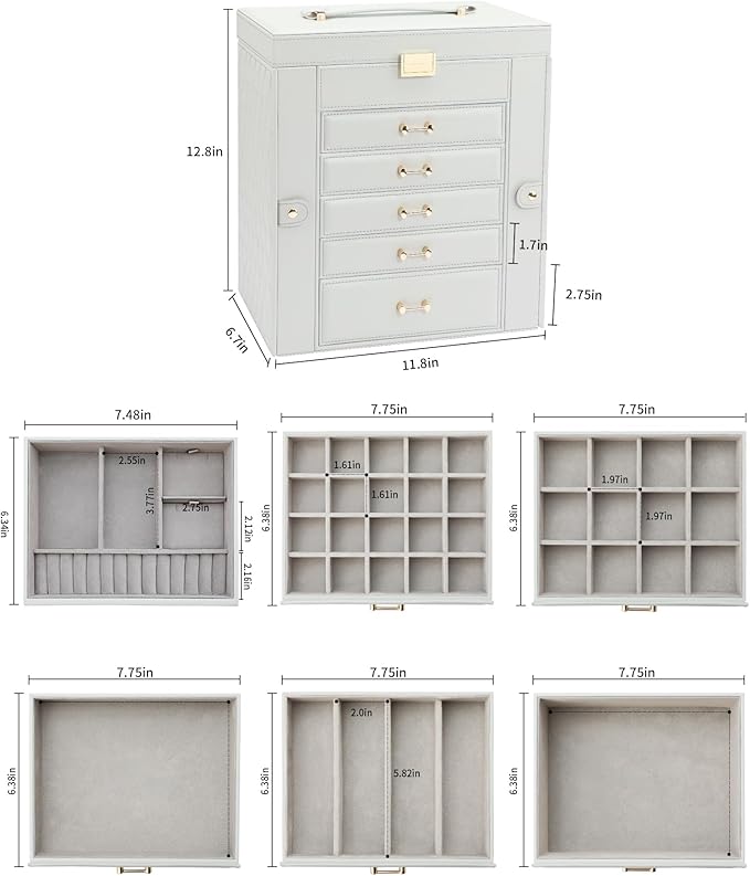 Large Jewelry Box, Jewelry Boxes for Women Large Jewelry Organizers and Storage, Jewelry Organizer for Rings Earrings Necklaces Glasses Bracelets Watches, Grey