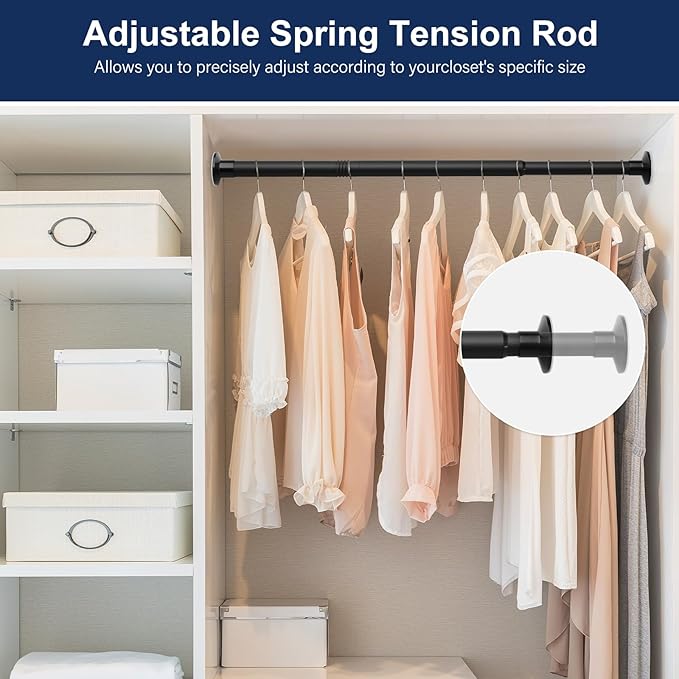 No Drilling Closet Rod, 27.5-82 Inches Hanging Closet Rod for Clothes, Closet Bar & Pole Heavy-duty, Closet Rods for Hanging Clothes For Closet Wardrobes Bathroom Laundry RV Curtains,Black