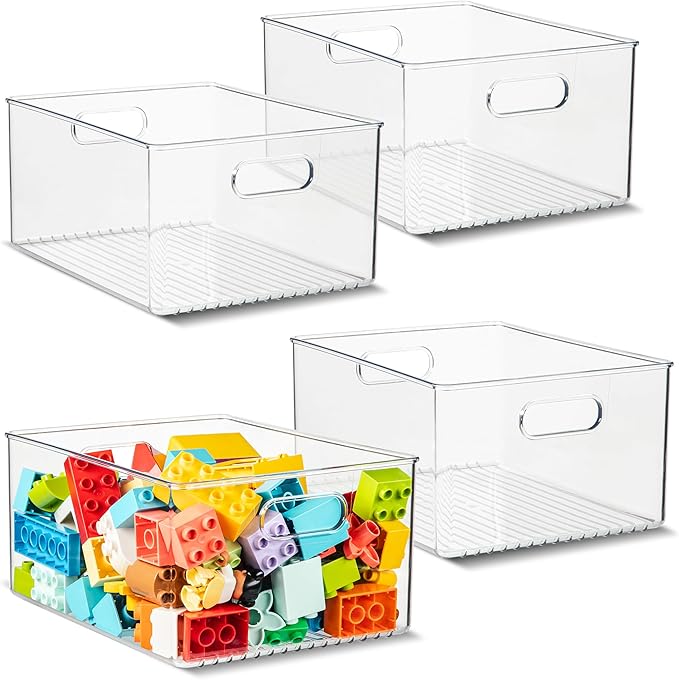 primebox Plastic Food Storage 4 Pack Clear Container Bin with Handles for Organizing Kitchen, Pantry, Refrigerator, Freezer, Pantry, Cabinet, Closet, Bathroom 10”x8”x5”