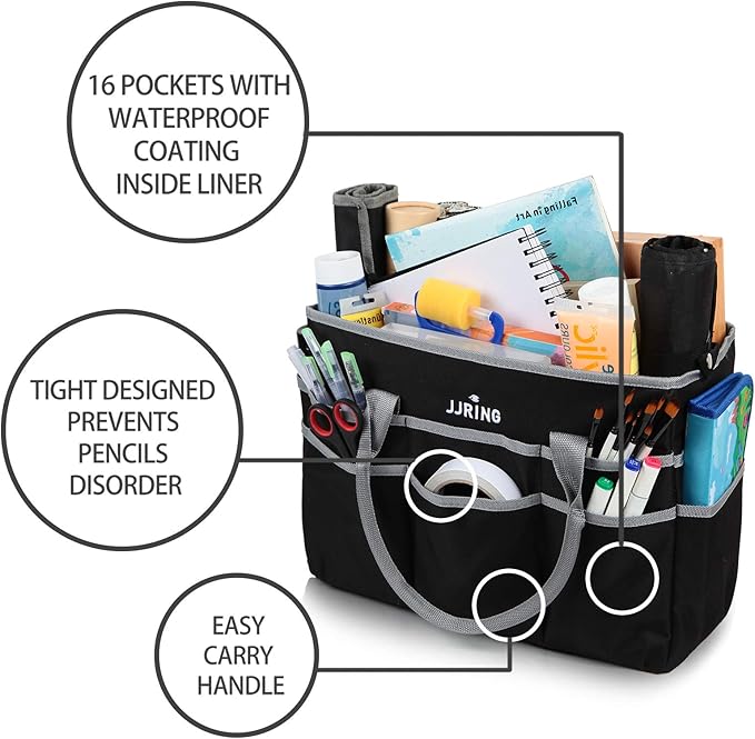 JJRING Large Multi-Functional Carrying Bag, 600D Nylon Artist Tote Bag with 16 Pockets Caddy for Art, Craft, Sewing, Make-up or School, Medical, Office Supplies Organizer, Silver