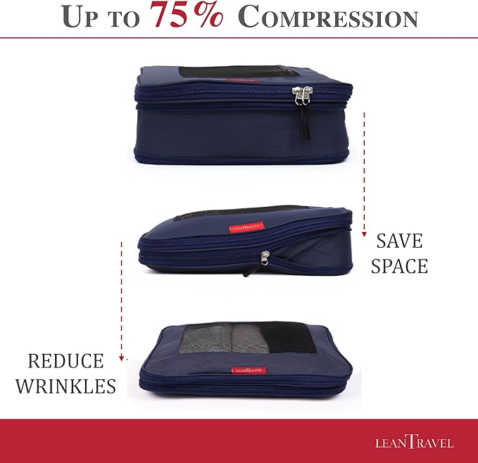 LeanTravel Compression Packing Cubes for Travel Organizers with Double Zipper (3-Pack (2L+1M), Navy)