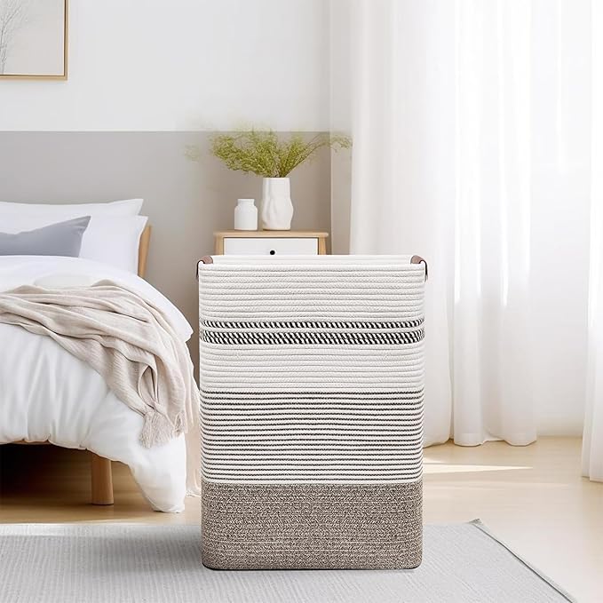DOFASAYI Laundry Basket - 85L Large Cotton Rope Blanket Basket with Leather Handles, Decorative Storage Hamper, Clothes Hamper for Living Room, Bedroom, Rice Brown & White