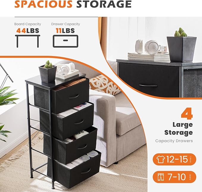 Sweetcrispy Nightstand Small Bedroom Dresser with 4 Fabric Drawers, Bed Side Furniture End Table, Wooden Top Cabinet Night Stand Dresser for Closet, Entryway, Dorm, Black