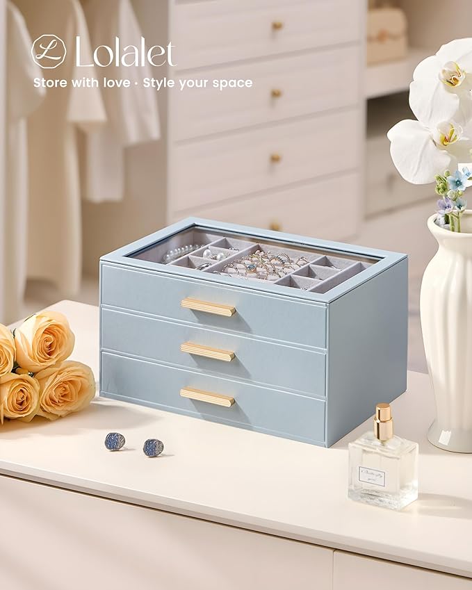 Lolalet Jewelry Box Organizer, 3-Layer Jewelry Organizers and Storage Case with Glass Lid, Ring Earring Bracelet Necklace Holder Organizer, Birthday Christmas Gifts for Women Girls -3Layer, HazeBlue