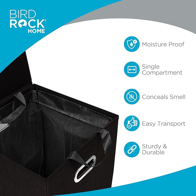BIRDROCK HOME Single Laundry Hamper with Lid and Removable Liner | Linen | Easily Transport Laundry | Foldable Hamper | Cut Out Handles