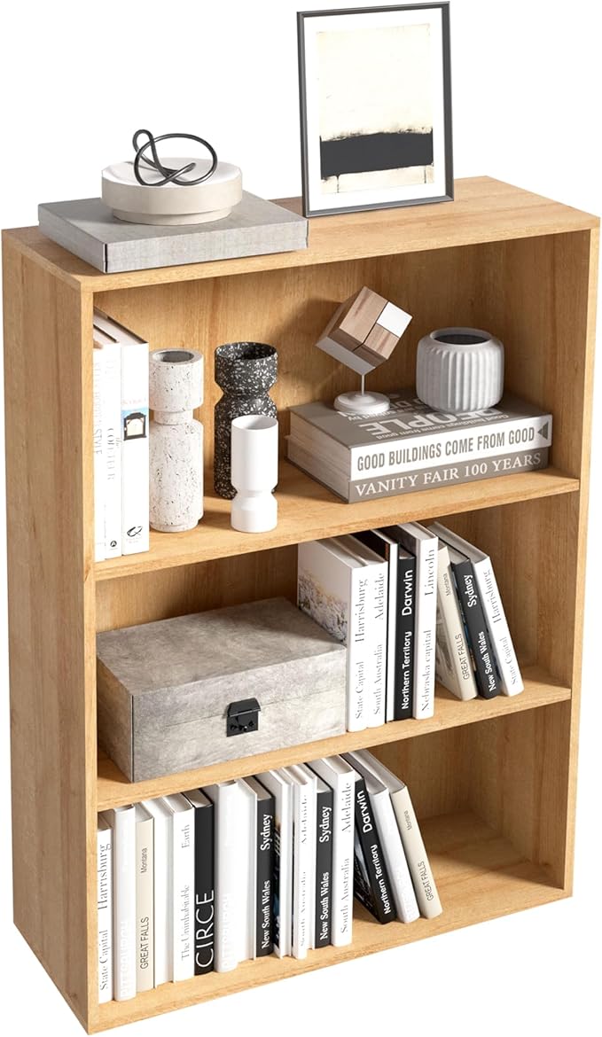 Wooden 3 Tier Book Shelf,3 Cube Storage Organizer,3 Tier Low Bookcase Storage Display Organizer, 33 Inch Versatile Cubes Shelf and Cubby Unit for Any Space (Natural Oak, 3 Cube-W(23.6inch)