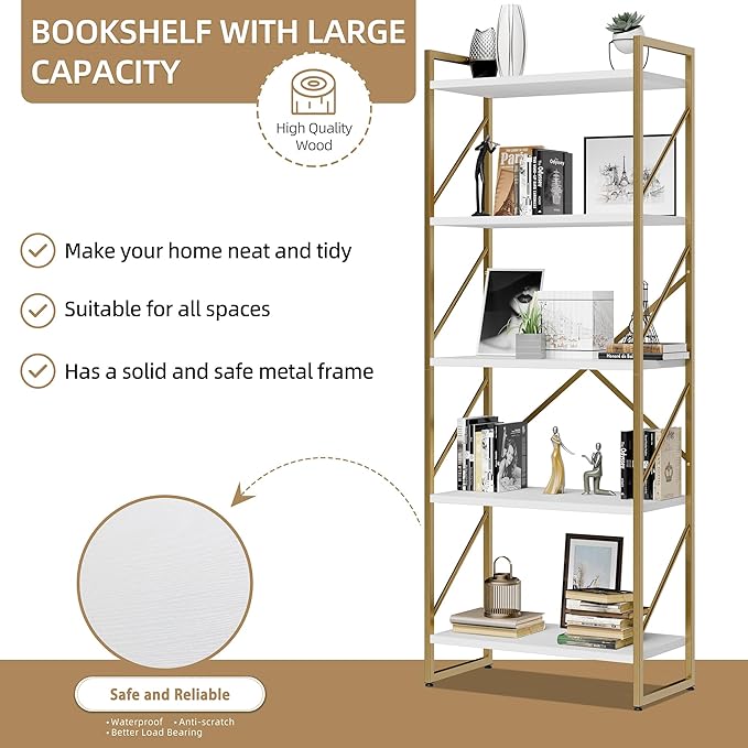 Vongrasig 5 Tier Bookshelf, Modern Tall Bookcase, Industrial Book Shelves Display Standing Shelf, Free Standing Storage Organizer for Bedroom, Living Room, White+Gold