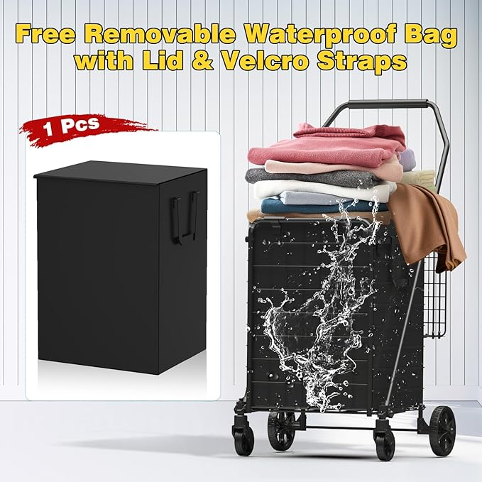 3.7 Cu Ft Folding Shopping Cart - 380 LB Capacity Grocery Cart with 360° Braked Swivel Wheels - Heavy Duty Utility Cart with Double Basket & Removable Waterproof Liner with Lid for Laundry