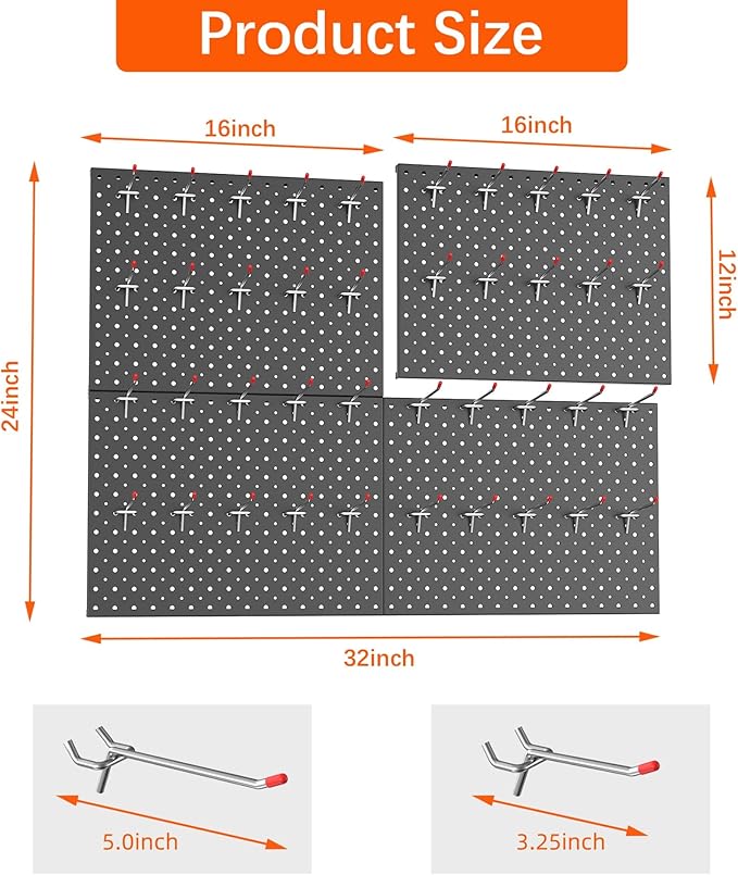 TORACK Metal Pegboard Panels and Hooks for Garage, Workbench, Shop, Shed Tool Organizer Peg Board with 1/8" & 1/4" Holes, Modular Wall-Mounted Pegboard with Pegboard Hooks(Black)
