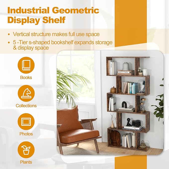 5-Tier Geometric Bookcase, 62.5” Freestanding Room Divider Bookshelf with Open Display Shelves & Anti-tip Device, Wood S-Shaped Storage Organizer for Living Room, Bedroom, Study & Home Office