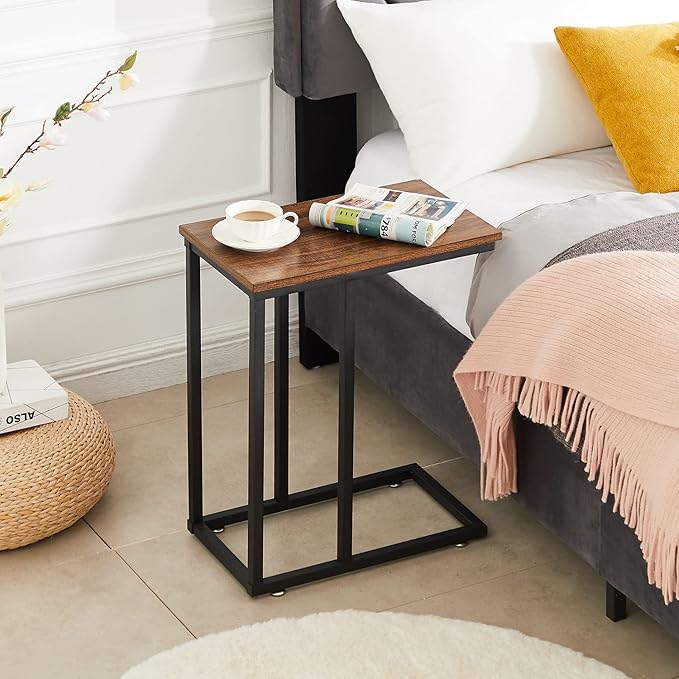 VECELO C Shaped End Side Table for Sofa Couch and Bed Snack TV Tray for Living Room Bedroom, 2 PCS, Brown