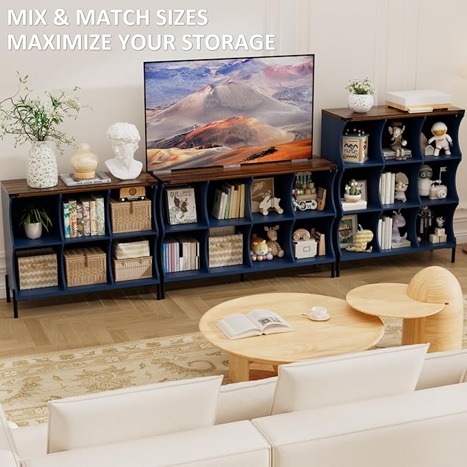 8 Cube Storage Shelf Organizer, Low Book Shelf Bookcase Entryway Table, Wood Closet Storage Display Cabinet TV Stand for Living Room, Office,Bedroom, Dorm, Blue with Natural Top