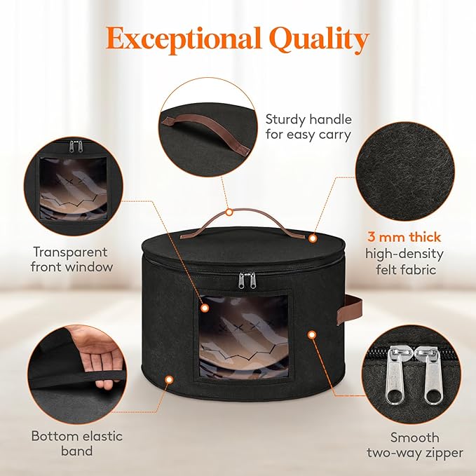 Lifewit Round Cowboy Hat Box for 7 Caps, Large Felt Hat Organizer Bag for Men & Women Storage, Baseball Cap Container with Dustproof Lid for Travel, Foldable 16.5" D x 10.6" H Carrier, 2 Pack, Black