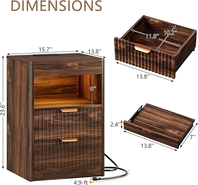 REAHOME Fluted Nightstand with Charging Station, Modern LED Night Stand with 2 Drawers and Pull Out Tray, Wood Bedside Table, End Side Table with Open Shelf for Bedroom,Walnut