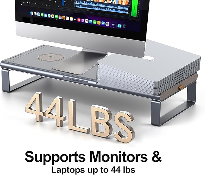 Monitor Stand HUB - Aluminum Riser with 6-in-1 Docking Station: 4K HDMI, USB-C, USB 3.0, PD 100W, Wireless Charging, Drawer Organizer - Gray