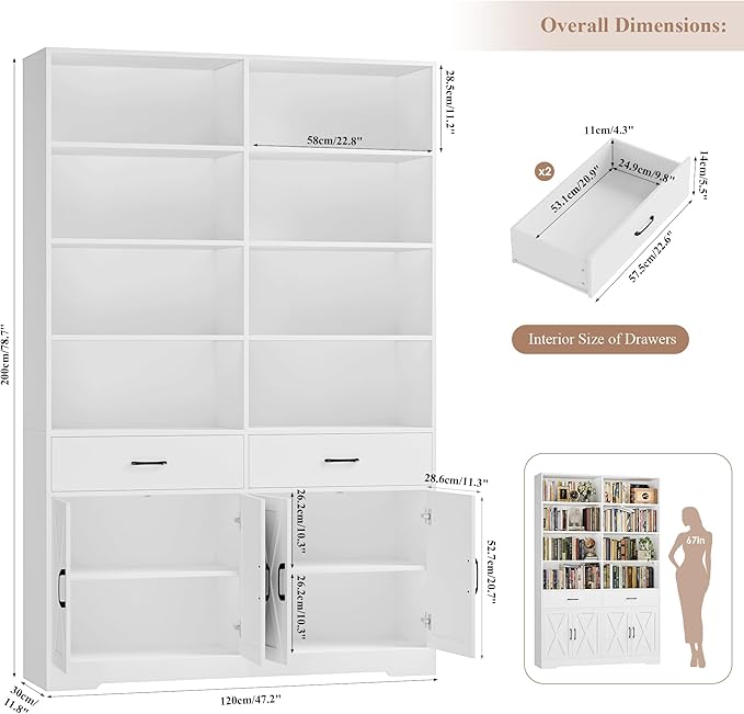 HOSTACK 78" Tall Bookshelf with Doors, Double Wide Bookshelf with Storage Drawers, Large Bookcase with Cabinet and 8 Open Display Shelves, Farmhouse Wood Bookcase Book Shelf for Living Room, White