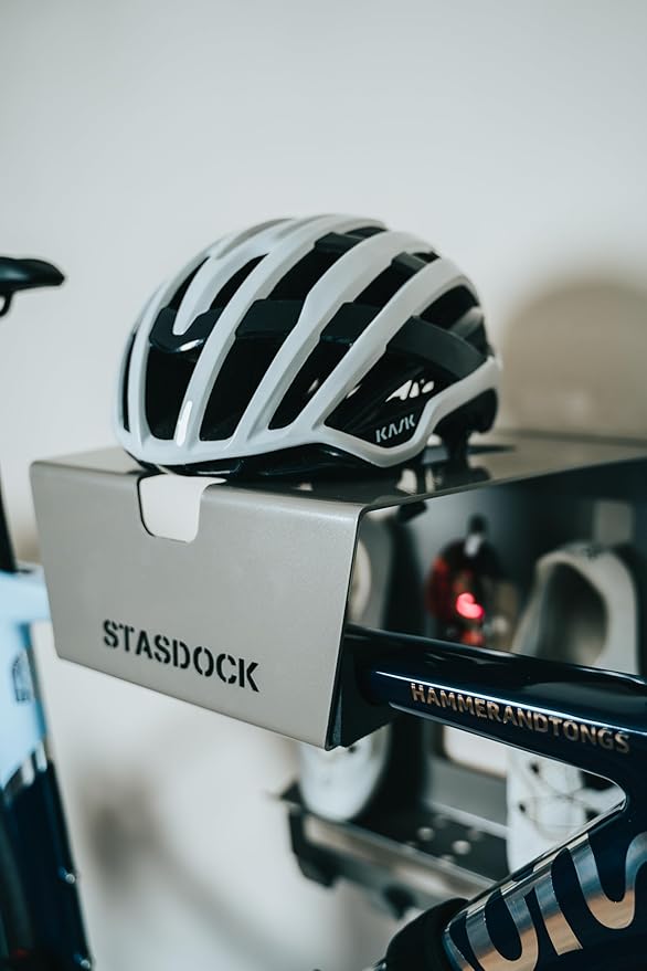 Stasdock Wall Bike Rack | Bike Storage Wall Mount System | For Race Bicycles (Silver Metallic) and Mountain Bikes | Bike Shelf | Indoor bike wall bracket | Stores helmet and shoes | Home and Garage