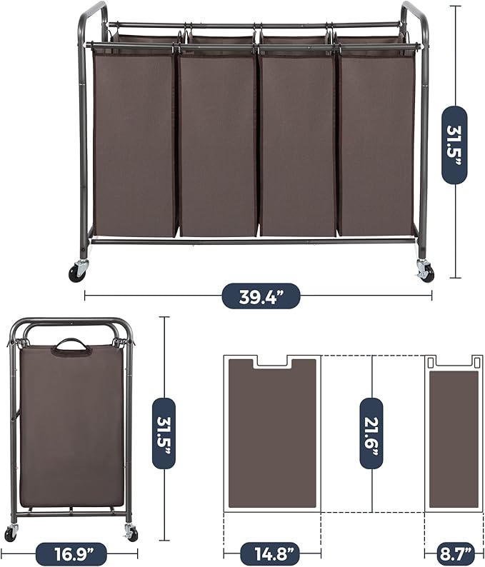 STO STO Laundry Sorter 4 Section, 4 Bag Laundry Hamper, Rolling Laundry Cart, Laundry Basket with Heavy Duty Lockable Wheels and Removable Bag for Clothes Storage, Brown