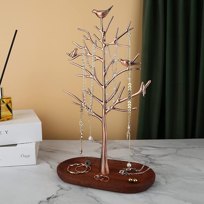 MORE&LESS Branch Jewelry Rack with wood tray,Retro color,Tree Tower Rack Hanging Organizer for Ring Earrings Necklace Bracelet,Suitable for living rooms, bathrooms,offices,etc.
