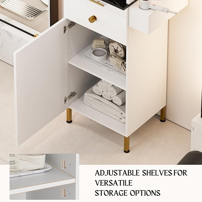 Salon Stations for Hair Stylist, Barber Station w/Glass Shelf & Golden Handles, Hair Salon Station Beauty Salon Spa Equipment w/6 Hair Dryer Holders, 2 Storage Cabinet & Drawers(White)