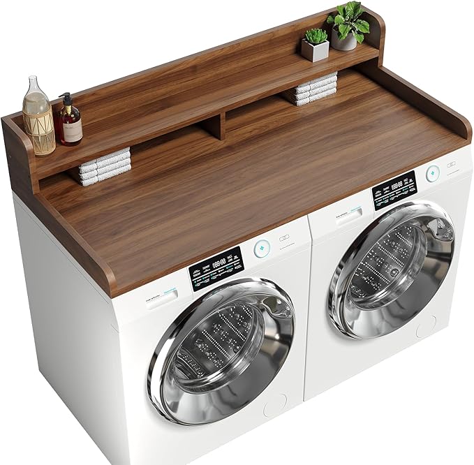 2-Tier Washer Dryer Countertop with 2.75" H Edge Rails, 58" W x 28" D Laundry Countertop for Folding Clothes, Washer and Dryer Topper with Non-Slip Pad (Dark Walnut)