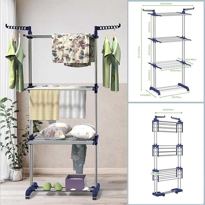 Bigzzia Clothes Drying Rack, 67.7 Inch Laundry Drying Rack with Foldable Base, 4 Tier Stainless Steel Drying Rack Clothing, Movable Laundry Rack for Indoor Outdoor-Blue