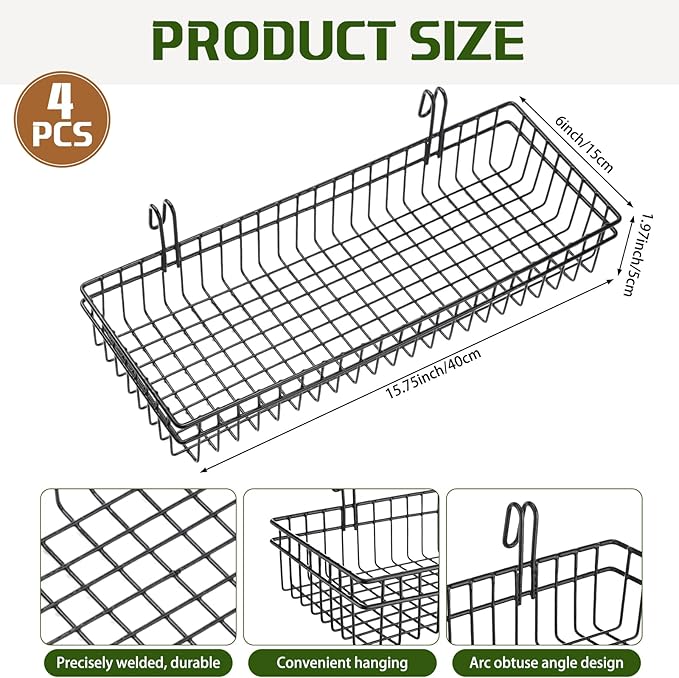 Blulu 4 Pcs 15.75 x 5.91 x 1.97 Inch Metal Grid Wall Baskets with Hooks Grid Wall Shelves Hanging Wire Basket Multi Function Storage Organizer for Kitchen Organizing Display (Black)
