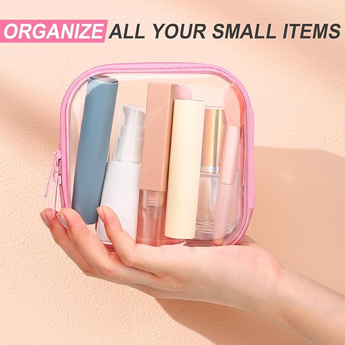 Sanwuta 6 Pcs Clear Hard Zipper Case Hard Plastic Zipper Pouches Transparent Makeup Bag Pencil Pouches for Travel Snacks Christmas Trinket Storage Organizer Box(Pink,5 x 5 x 2 Inch)