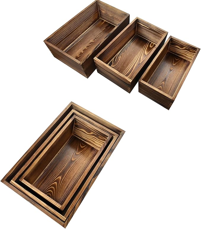Decorative Nesting Wooden Crates Burnt Umber Stained Rustic Crate Boxes Wood Pallet Bin Storage Boxes for Decorative Display Kitchen Storage Arts & Crafts Set of 3