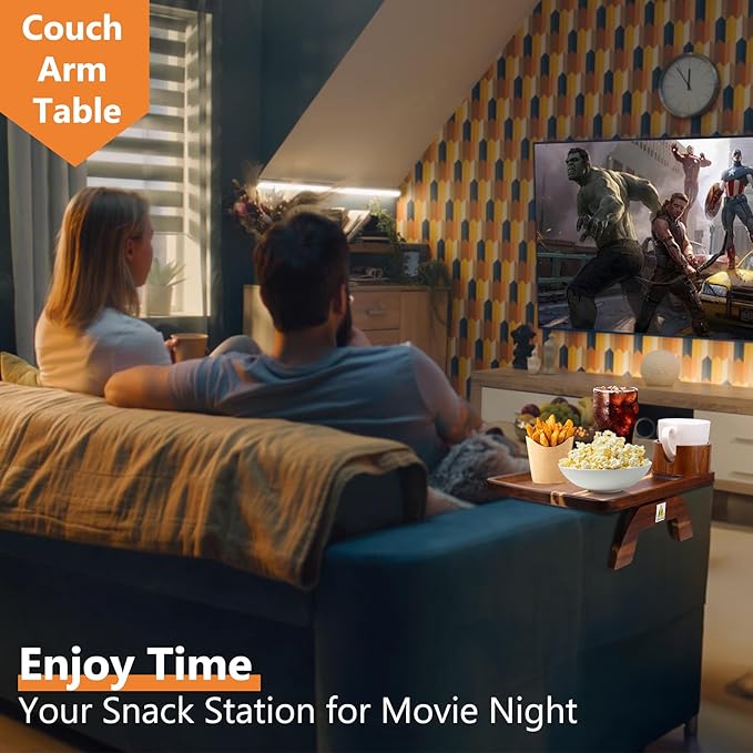 Couch Armrest Table Acacia with 360°Rotating Phone & Cup Holders,15.4" x 9.8", 3-in-1 Sofa Arm Tray Clip-On Couch Tray for Drinks & Snacks