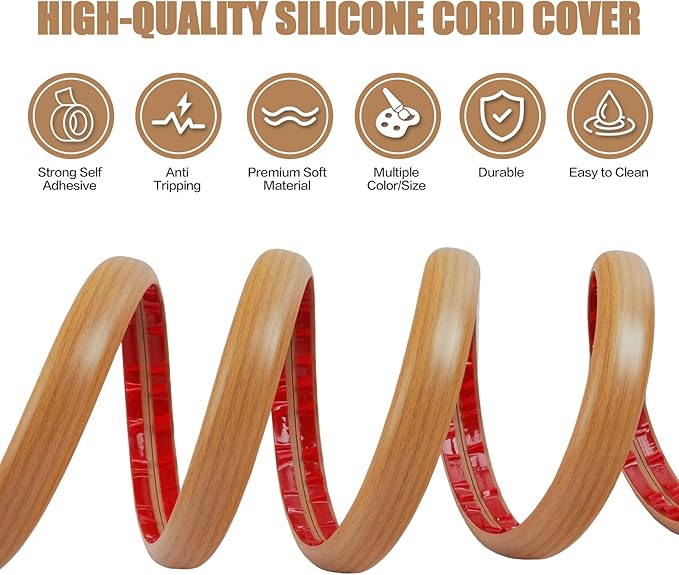 Floor Cord Cover Self Adhesive Cord Hider,10FT Cable Management, Extension Strip Protector for Wires, Prevent Cable Trips for Offices, Gyms, Exhibitions Cavity:0.47"(W) x 0.35"(H) Brown Wood