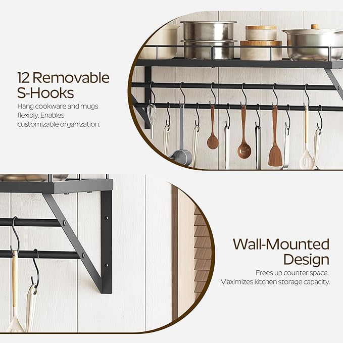 Pot Rack, 30 Inch Wall Mounted Pot Rack, Kitchen Pot and Pan Organizer with 2 Tier Hanging Rails, 12 S-Hooks, Space Saving, for Kitchen Cookware Organizer, Black PR02BK