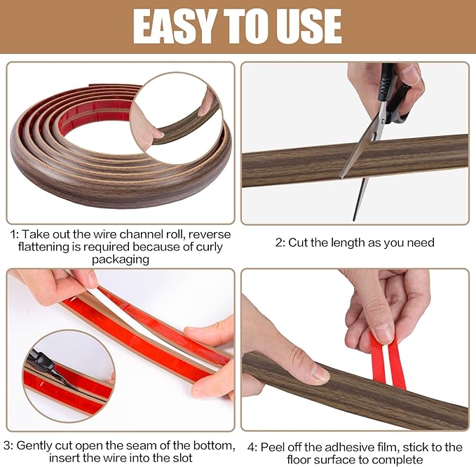Floor Cord Cover Self Adhesive Cord Hider,3.3FT Cable Management, Extension Strip Protector for Wires, Prevent Cable Trips for Offices, Gyms, Exhibitions Cavity:0.39"(W) x 0.27"(H) Wood Walnut