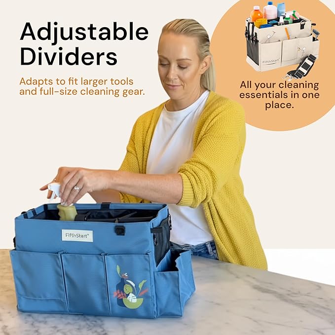 FifthStart Multiuse Cleaning Caddy with Waist & Shoulder Strap,9 Pockets Professional Bag, Mesh Base & Adjustable Compartments - Beige Large Organizer with Handle - Cleaning Caddy Bag (Beige, Large)
