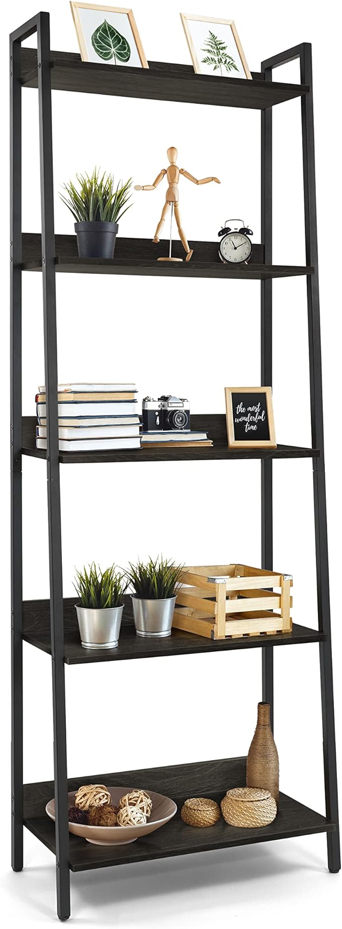 CAPHAUS 5 Tier Ladder Bookshelf, 24 Inch Width Free Standing Shelf, Bookcase Shelf Storage Rack Organizer, Industrial Book Shelves for Home Office, Living Room, Kitchen, Black Wooden Shelves