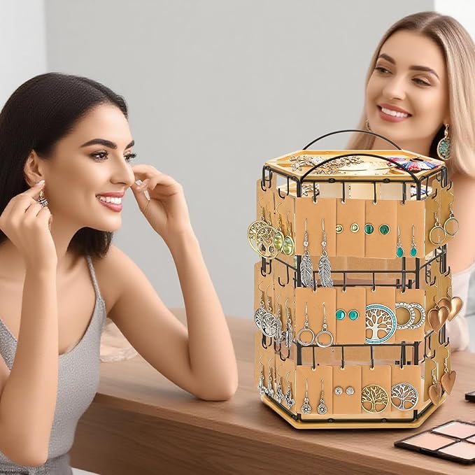 Rotating Earring Display Stand for Vendors, 48 Hooks Hexagon Bamboo Jewelry Holder, Large Capacity Jewelry Storage Showing Rack for Selling, Store, Home, Necklace Bracelet Keychain, 3 Tiers
